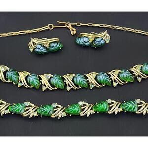 Rare Signed STAR Parure Green Art Glass Jelly Leaf AB Rhinestones Set ~ Pristine